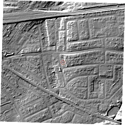 Shaded relief map of the ground around IG119RT, computed from Environment Agency LiDAR. The ground here sits at about 2 m above sea level and falls 9 m across the surrounding 800 m. Surface water reaching this point runs off ground lying to the north-north-east, 7.9 m higher.