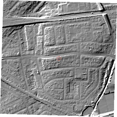 Shaded relief map of the ground around IG119RU, computed from Environment Agency LiDAR. The ground here sits at about 6 m above sea level and falls 12 m across the surrounding 800 m. Surface water reaching this point runs off ground lying to the north, 1.7 m higher.