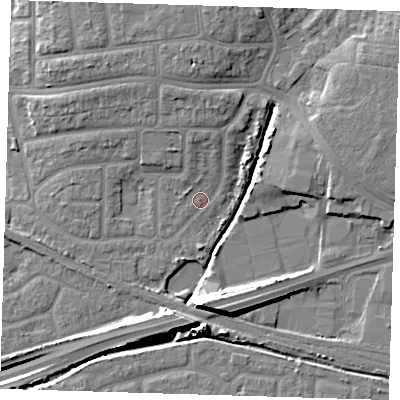 Shaded relief map of the ground around IG119SB, computed from Environment Agency LiDAR. The ground here sits at about 3 m above sea level and falls 12 m across the surrounding 800 m. Surface water reaching this point runs off ground lying to the north, 4.6 m higher.