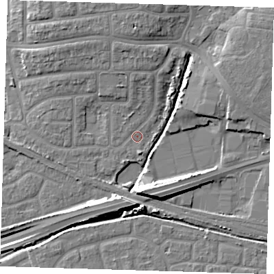 Shaded relief map of the ground around IG119SD, computed from Environment Agency LiDAR. The ground here sits at about 2 m above sea level and falls 12 m across the surrounding 800 m. Surface water reaching this point runs off ground lying to the south, 9.1 m higher.