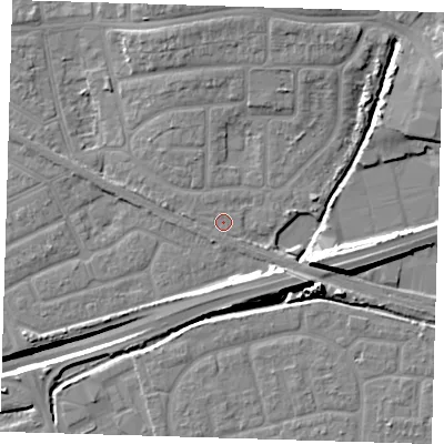 Shaded relief map of the ground around IG119SE, computed from Environment Agency LiDAR. The ground here sits at about 3 m above sea level and falls 14 m across the surrounding 800 m. Surface water reaching this point runs off ground lying to the west-north-west, 1.1 m higher.