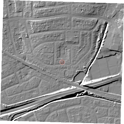 Shaded relief map of the ground around IG119SF, computed from Environment Agency LiDAR. The ground here sits at about 3 m above sea level and falls 14 m across the surrounding 800 m. Surface water reaching this point runs off ground lying to the north-north-east, 5.1 m higher.