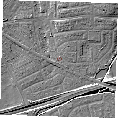 Shaded relief map of the ground around IG119SG, computed from Environment Agency LiDAR. The ground here sits at about 3 m above sea level and falls 14 m across the surrounding 800 m. Surface water reaching this point runs off ground lying to the north-east, 1.6 m higher.
