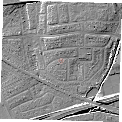 Shaded relief map of the ground around IG119SH, computed from Environment Agency LiDAR. The ground here sits at about 4 m above sea level and falls 10 m across the surrounding 800 m. Surface water reaching this point runs off ground lying to the north-north-east, 1.5 m higher.