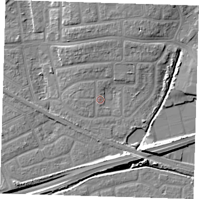 Shaded relief map of the ground around IG119SJ, computed from Environment Agency LiDAR. The ground here sits at about 3 m above sea level and falls 14 m across the surrounding 800 m. Surface water reaching this point runs off ground lying to the north-north-east, 4.5 m higher.