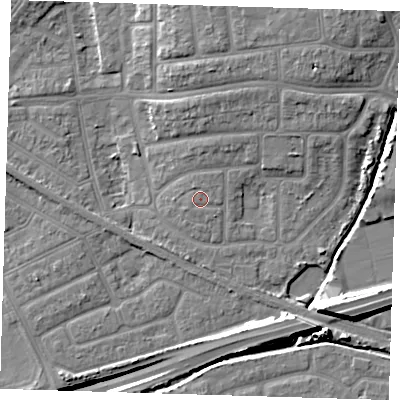 Shaded relief map of the ground around IG119SL, computed from Environment Agency LiDAR. The ground here sits at about 4 m above sea level and falls 14 m across the surrounding 800 m. Surface water reaching this point runs off ground lying to the west-south-west, 0.5 m higher.