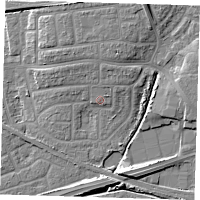 Shaded relief map of the ground around IG119SN, computed from Environment Agency LiDAR. The ground here sits at about 5 m above sea level and falls 10 m across the surrounding 800 m. Surface water reaching this point runs off ground lying to the north-north-east, 2.6 m higher.