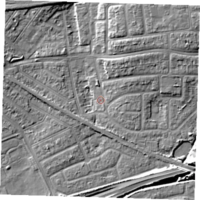 Shaded relief map of the ground around IG119SQ, computed from Environment Agency LiDAR. The ground here sits at about 2 m above sea level and falls 12 m across the surrounding 800 m. Surface water reaching this point runs off ground lying to the east, 3.2 m higher.