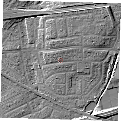 Shaded relief map of the ground around IG119SR, computed from Environment Agency LiDAR. The ground here sits at about 5 m above sea level and falls 12 m across the surrounding 800 m. Surface water reaching this point runs off ground lying to the north-east, 2.7 m higher.