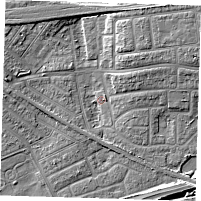 Shaded relief map of the ground around IG119ST, computed from Environment Agency LiDAR. The ground here sits at about 2 m above sea level and falls 9 m across the surrounding 800 m. Surface water reaching this point runs off ground lying to the south-west, 2.6 m higher.