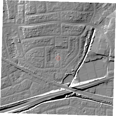Shaded relief map of the ground around IG119SW, computed from Environment Agency LiDAR. The ground here sits at about 3 m above sea level and falls 14 m across the surrounding 800 m. Surface water reaching this point runs off ground lying to the north-north-east, 5.3 m higher.