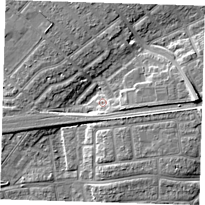 Shaded relief map of the ground around IG119TY, computed from Environment Agency LiDAR. The ground here sits at about 4 m above sea level and falls 11 m across the surrounding 800 m. Surface water reaching this point runs off ground lying to the east, 9.8 m higher.