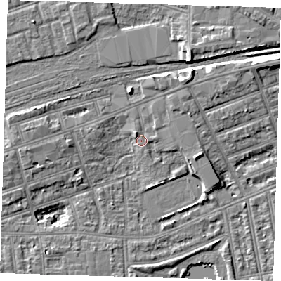 Shaded relief map of the ground around IG11FT, computed from Environment Agency LiDAR. The ground here sits at about 11 m above sea level and falls 9 m across the surrounding 800 m. Surface water reaching this point runs off ground lying to the north-north-east, 2.1 m higher.