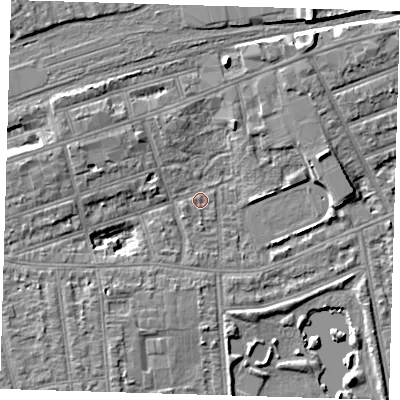 Shaded relief map of the ground around IG11RB, computed from Environment Agency LiDAR. The ground here sits at about 10 m above sea level and falls 9 m across the surrounding 800 m. Surface water reaching this point runs off ground lying to the west-north-west, 0.9 m higher.