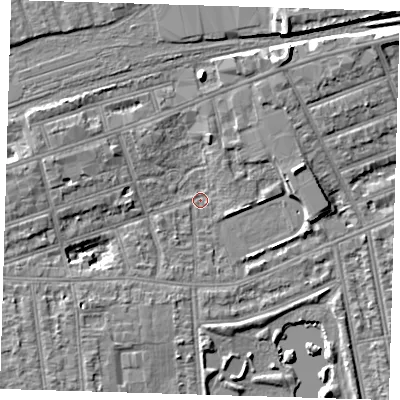 Shaded relief map of the ground around IG11RE, computed from Environment Agency LiDAR. The ground here sits at about 9 m above sea level and falls 9 m across the surrounding 800 m. Surface water reaching this point runs off ground lying to the north-north-east, 6.0 m higher.