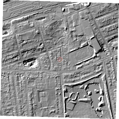 Shaded relief map of the ground around IG11RF, computed from Environment Agency LiDAR. The ground here sits at about 9 m above sea level and falls 8 m across the surrounding 800 m. Surface water reaching this point runs off ground lying to the north-north-east, 7.4 m higher.