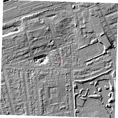 Shaded relief map of the ground around IG11RG, computed from Environment Agency LiDAR. The ground here sits at about 10 m above sea level and falls 7 m across the surrounding 800 m. Surface water reaching this point runs off ground lying to the north-west, 5.5 m higher.