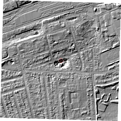 Shaded relief map of the ground around IG11RJ, computed from Environment Agency LiDAR. The ground here sits at about 9 m above sea level and falls 8 m across the surrounding 800 m. Surface water reaching this point runs off ground lying to the west, 7.6 m higher.