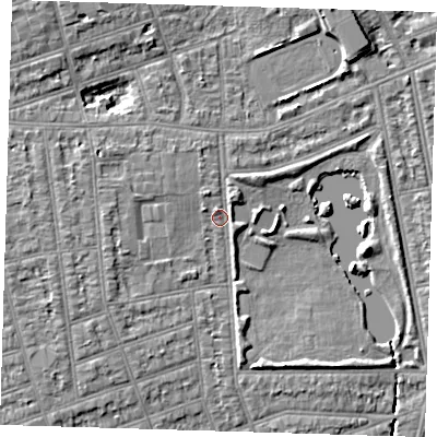 Shaded relief map of the ground around IG11SS, computed from Environment Agency LiDAR. The ground here sits at about 10 m above sea level and falls 6 m across the surrounding 800 m. Surface water reaching this point runs off ground lying to the north-north-east, 1.7 m higher.