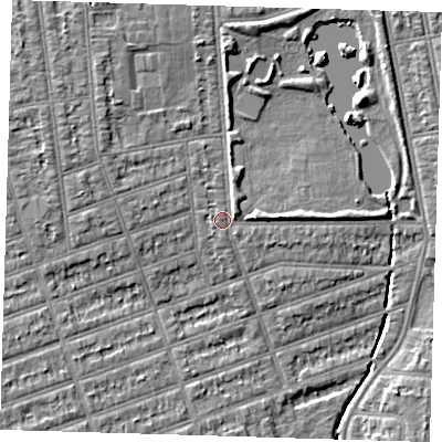 Shaded relief map of the ground around IG11SZ, computed from Environment Agency LiDAR. The ground here sits at about 10 m above sea level and falls 6 m across the surrounding 800 m. Surface water reaching this point runs off ground lying to the east, 1.7 m higher.
