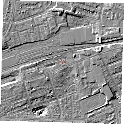 Shaded relief map of the ground around IG11TU, computed from Environment Agency LiDAR. The ground here sits at about 11 m above sea level and falls 9 m across the surrounding 800 m. Surface water reaching this point runs off ground lying to the west, 2.8 m higher.