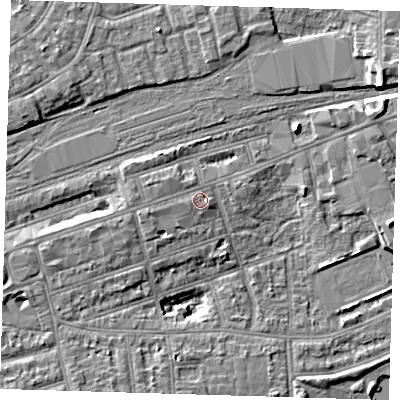 Shaded relief map of the ground around IG11TW, computed from Environment Agency LiDAR. The ground here sits at about 12 m above sea level and falls 9 m across the surrounding 800 m. Surface water reaching this point runs off ground lying to the west-south-west, 1.4 m higher.