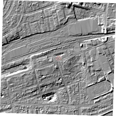 Shaded relief map of the ground around IG11TX, computed from Environment Agency LiDAR. The ground here sits at about 11 m above sea level and falls 9 m across the surrounding 800 m. Surface water reaching this point runs off ground lying to the west-south-west, 2.5 m higher.
