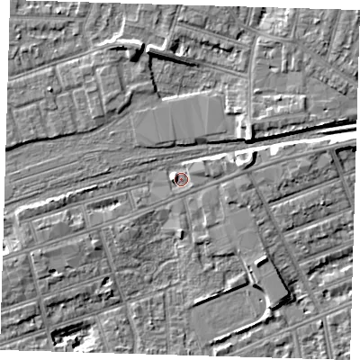 Shaded relief map of the ground around IG11UD, computed from Environment Agency LiDAR. The ground here sits at about 11 m above sea level and falls 9 m across the surrounding 800 m. Surface water reaching this point runs off ground lying to the west, 4.2 m higher.