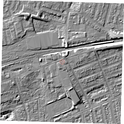 Shaded relief map of the ground around IG11UE, computed from Environment Agency LiDAR. The ground here sits at about 12 m above sea level and falls 9 m across the surrounding 800 m. Surface water reaching this point runs off ground lying to the north-east, 0.8 m higher.