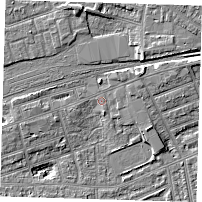Shaded relief map of the ground around IG11UF, computed from Environment Agency LiDAR. The ground here sits at about 11 m above sea level and falls 9 m across the surrounding 800 m. Surface water reaching this point runs off ground lying to the north-east, 1.2 m higher.