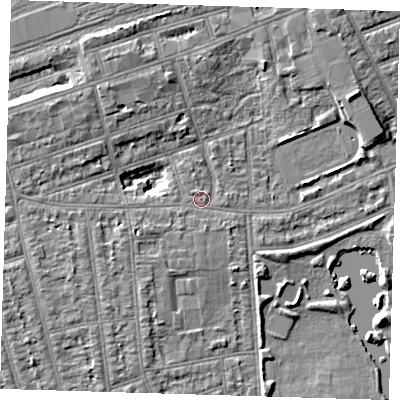 Shaded relief map of the ground around IG11XL, computed from Environment Agency LiDAR. The ground here sits at about 10 m above sea level and falls 6 m across the surrounding 800 m. Surface water reaching this point runs off ground lying to the west-south-west, 2.1 m higher.