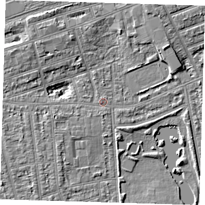 Shaded relief map of the ground around IG11XN, computed from Environment Agency LiDAR. The ground here sits at about 10 m above sea level and falls 6 m across the surrounding 800 m. Surface water reaching this point runs off ground lying to the west-south-west, 2.4 m higher.