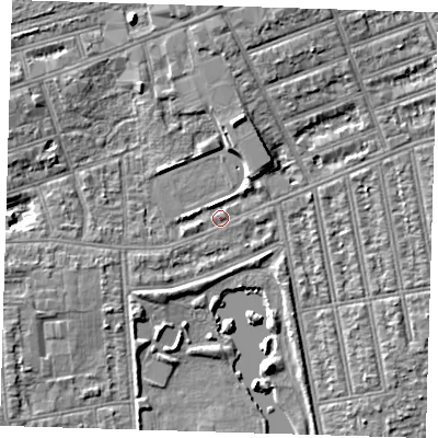 Shaded relief map of the ground around IG11XR, computed from Environment Agency LiDAR. The ground here sits at about 9 m above sea level and falls 7 m across the surrounding 800 m. Surface water reaching this point runs off ground lying to the north-north-east, 5.0 m higher.