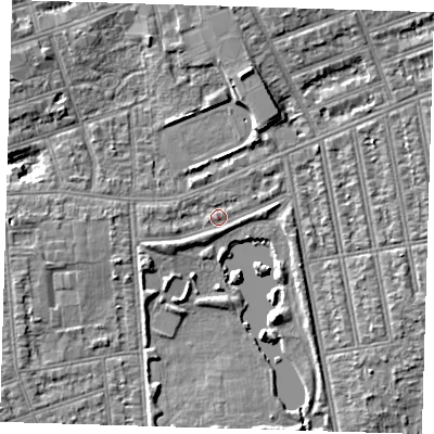 Shaded relief map of the ground around IG11XU, computed from Environment Agency LiDAR. The ground here sits at about 9 m above sea level and falls 7 m across the surrounding 800 m. Surface water reaching this point runs off ground lying to the north, 4.9 m higher.