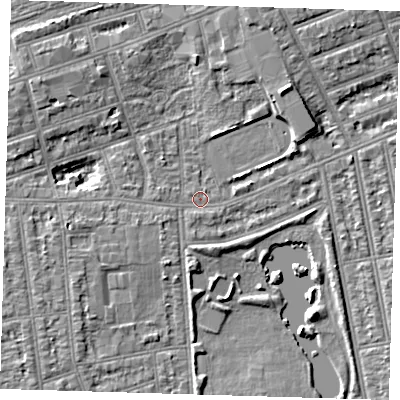 Shaded relief map of the ground around IG11XW, computed from Environment Agency LiDAR. The ground here sits at about 9 m above sea level and falls 6 m across the surrounding 800 m. Surface water reaching this point runs off ground lying to the west-south-west, 2.8 m higher.