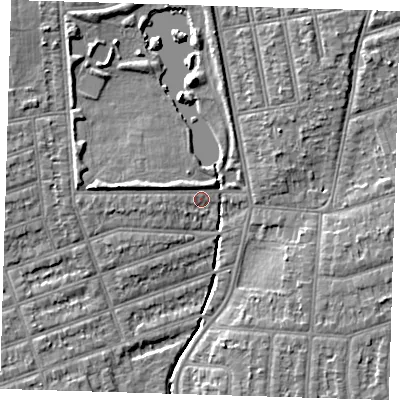 Shaded relief map of the ground around IG11YB, computed from Environment Agency LiDAR. The ground here sits at about 8 m above sea level and falls 6 m across the surrounding 800 m. Surface water reaching this point runs off ground lying to the west, 3.8 m higher.