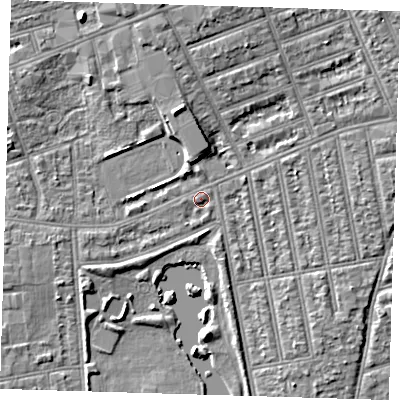 Shaded relief map of the ground around IG11YD, computed from Environment Agency LiDAR. The ground here sits at about 10 m above sea level and falls 7 m across the surrounding 800 m. Surface water reaching this point runs off ground lying to the north, 5.0 m higher.