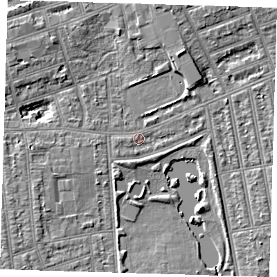 Shaded relief map of the ground around IG11YF, computed from Environment Agency LiDAR. The ground here sits at about 9 m above sea level and falls 7 m across the surrounding 800 m. Surface water reaching this point runs off ground lying to the west-south-west, 2.7 m higher.