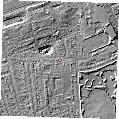 Shaded relief map of the ground around IG11YQ, computed from Environment Agency LiDAR. The ground here sits at about 10 m above sea level and falls 6 m across the surrounding 800 m. Surface water reaching this point runs off ground lying to the west-south-west, 2.0 m higher.