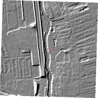 Shaded relief map of the ground around IG12BY, computed from Environment Agency LiDAR. The ground here sits at about 6 m above sea level and falls 9 m across the surrounding 800 m. Surface water reaching this point runs off ground lying to the north-east, 8.0 m higher.