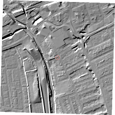 Shaded relief map of the ground around IG12EA, computed from Environment Agency LiDAR. The ground here sits at about 8 m above sea level and falls 12 m across the surrounding 800 m. Surface water reaching this point runs off ground lying to the west, 0.8 m higher.
