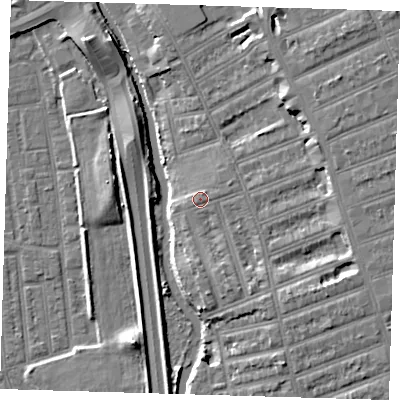 Shaded relief map of the ground around IG12EP, computed from Environment Agency LiDAR. The ground here sits at about 8 m above sea level and falls 10 m across the surrounding 800 m. Surface water reaching this point runs off ground lying to the east-north-east, 1.3 m higher.