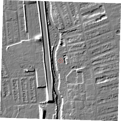 Shaded relief map of the ground around IG12JW, computed from Environment Agency LiDAR. The ground here sits at about 6 m above sea level and falls 9 m across the surrounding 800 m. Surface water reaching this point runs off ground lying to the east-south-east, 2.2 m higher.