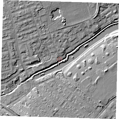 Shaded relief map of the ground around IG12SP, computed from Environment Agency LiDAR. The ground here sits at about 6 m above sea level and falls 7 m across the surrounding 800 m. Surface water reaching this point runs off ground lying to the north-west, 7.1 m higher.