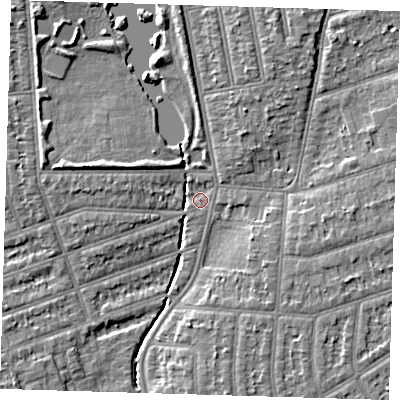Shaded relief map of the ground around IG12TQ, computed from Environment Agency LiDAR. The ground here sits at about 8 m above sea level and falls 6 m across the surrounding 800 m. Surface water reaching this point runs off ground lying to the west-north-west, 4.9 m higher.