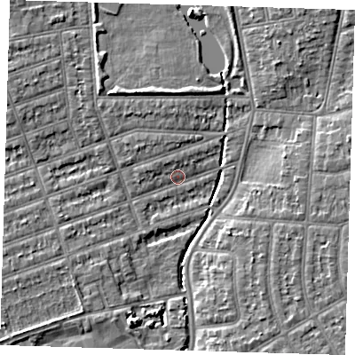 Shaded relief map of the ground around IG12UN, computed from Environment Agency LiDAR. The ground here sits at about 8 m above sea level and falls 6 m across the surrounding 800 m. Surface water reaching this point runs off ground lying to the north-west, 1.5 m higher.