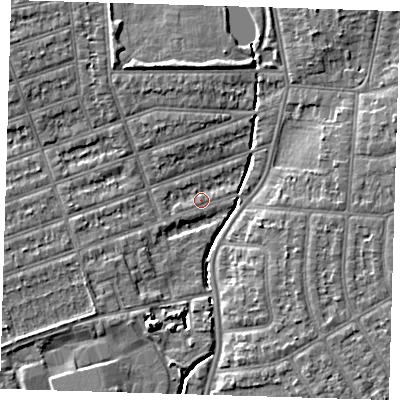 Shaded relief map of the ground around IG12UP, computed from Environment Agency LiDAR. The ground here sits at about 8 m above sea level and falls 7 m across the surrounding 800 m. Surface water reaching this point runs off ground lying to the north-west, 4.4 m higher.