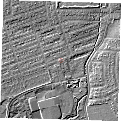 Shaded relief map of the ground around IG12UW, computed from Environment Agency LiDAR. The ground here sits at about 9 m above sea level and falls 7 m across the surrounding 800 m. Surface water reaching this point runs off ground lying to the west-south-west, 1.2 m higher.