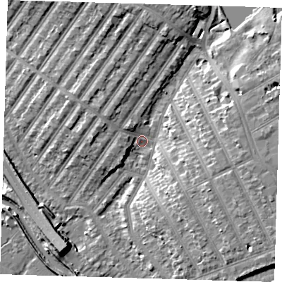 Shaded relief map of the ground around IG13AL, computed from Environment Agency LiDAR. The ground here sits at about 7 m above sea level and falls 11 m across the surrounding 800 m. Surface water reaching this point runs off ground lying to the east, 7.7 m higher.