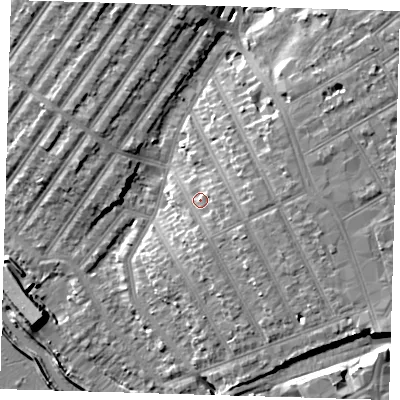Shaded relief map of the ground around IG13AP, computed from Environment Agency LiDAR. The ground here sits at about 11 m above sea level and falls 12 m across the surrounding 800 m. Surface water reaching this point runs off ground lying to the south-east, 5.5 m higher.